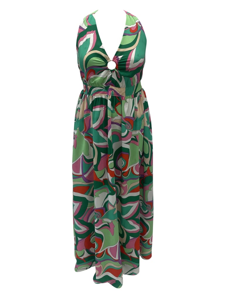Front of a size L Smak Parlour Green & Pink Psychedelic Floral Halter Maxi Dress in Green by Smak Parlour. | dia_product_style_image_id:292658